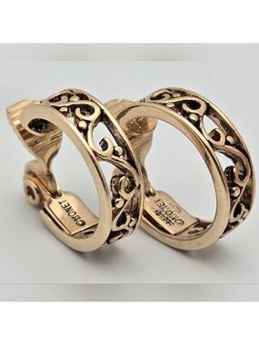 Vintage Monet Filigree Hoop Clip-On Earrings Gold Tone 3/4” Excellent
